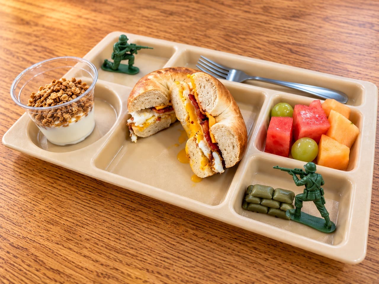 A bacon, fried egg and cheese bagel cut in half, with a yogurt and granola cup and mixed fruit on a lunch tray.