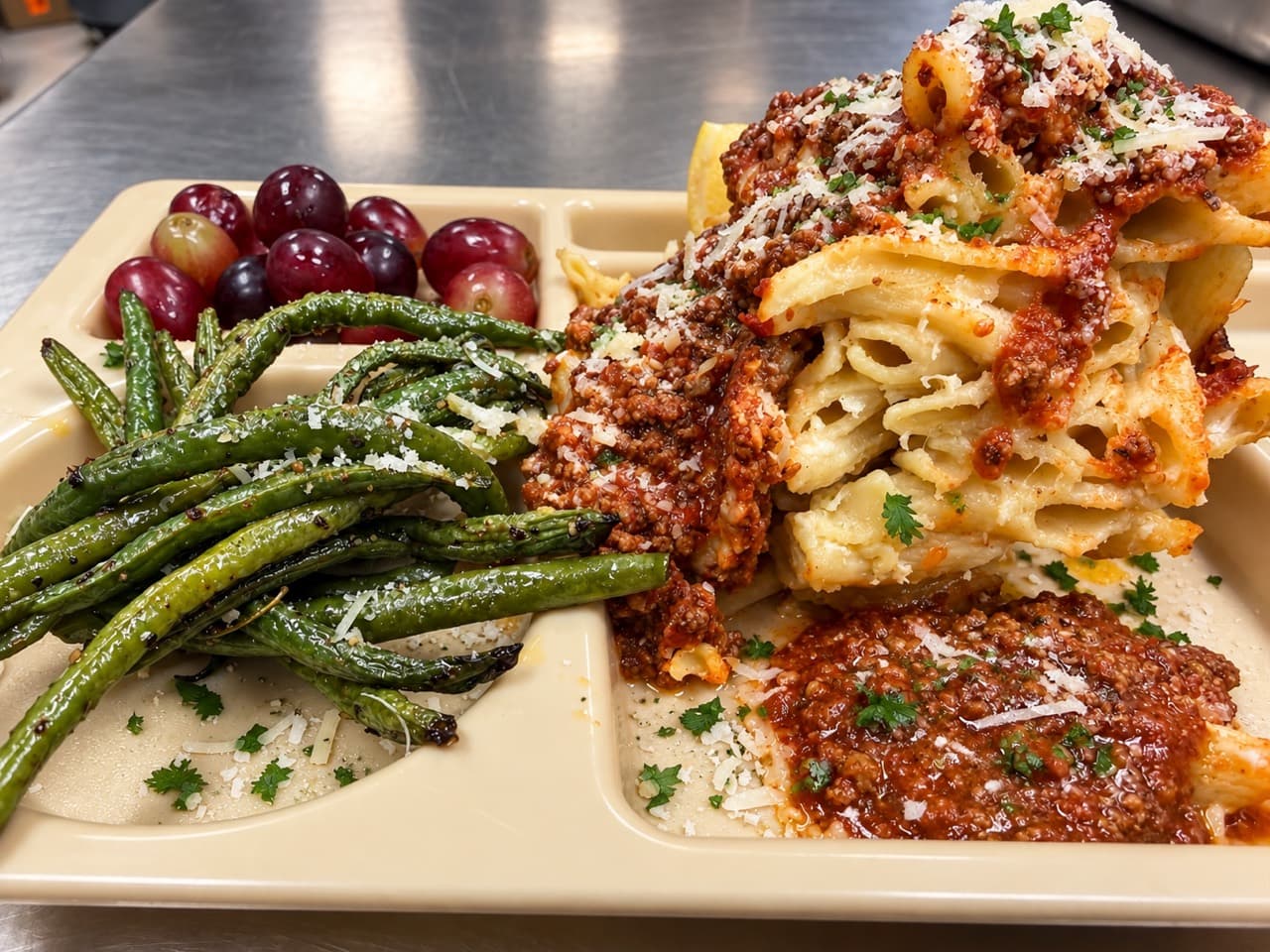 Baked ziti topped with red sauce and cheese, with green beans and grapes on a lunch tray.