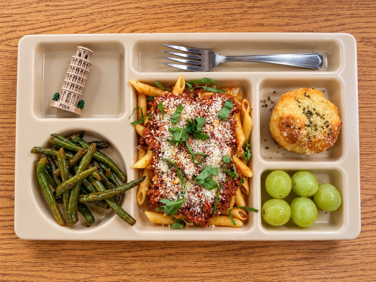 Penne with bolognese, Parmesan and basil, beside a garlic bite, green beans and grapes.