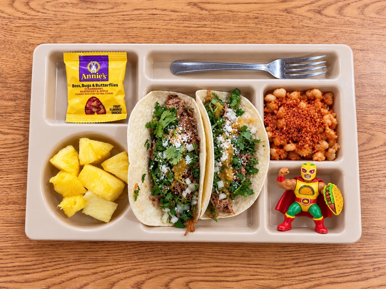 Carnitas tacos on a lunch tray with smoky hominy topped with crushed chile-lime tortilla chips at the upper right.