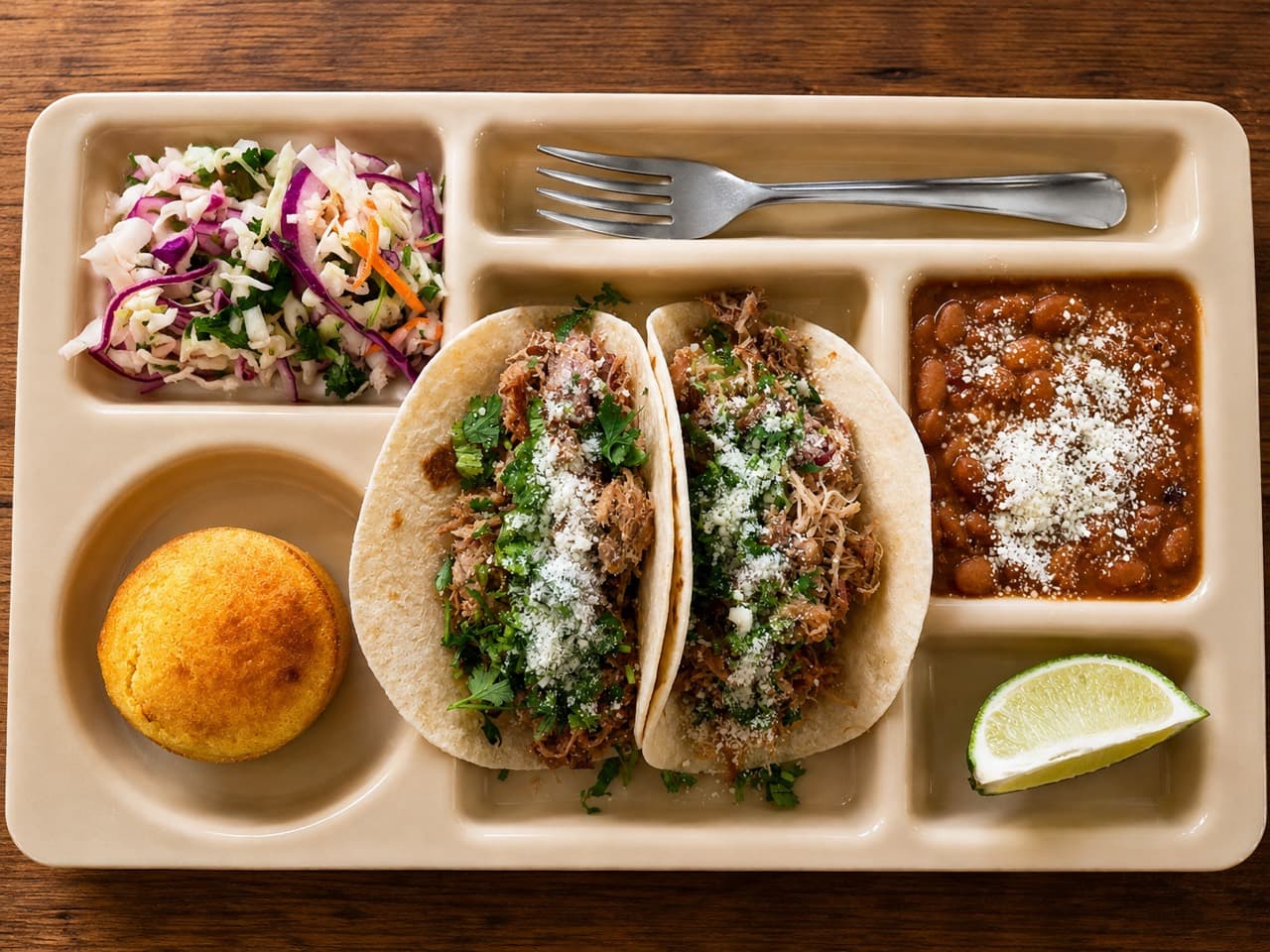 Two carnitas tacos with herbs and cheese, served with beans, slaw and cornbread.