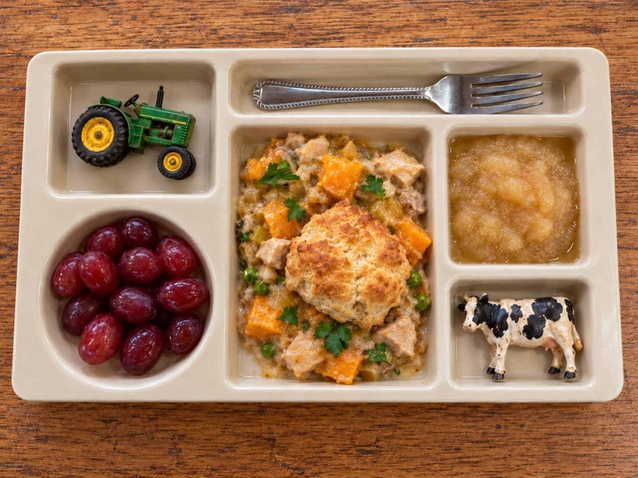 Creamy chicken pot pie filling with butternut squash and peas, topped with a golden drop biscuit on a lunch tray beside red grapes and applesauce.