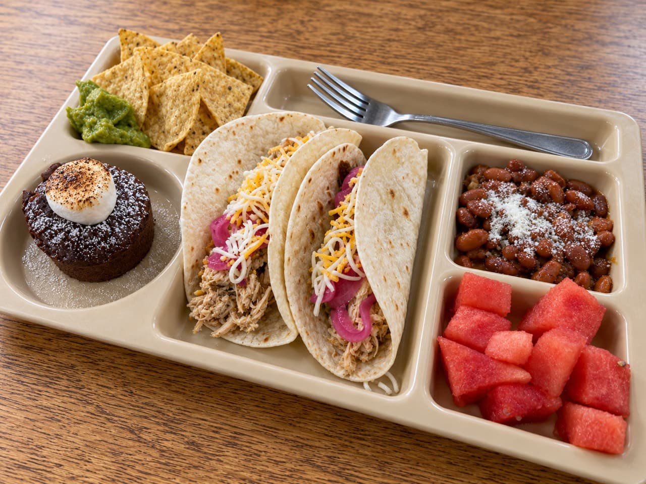 Shredded chicken tacos with cheese and pickled onion, alongside pinto beans, a marshmallow-topped chocolate cake, chips and watermelon.
