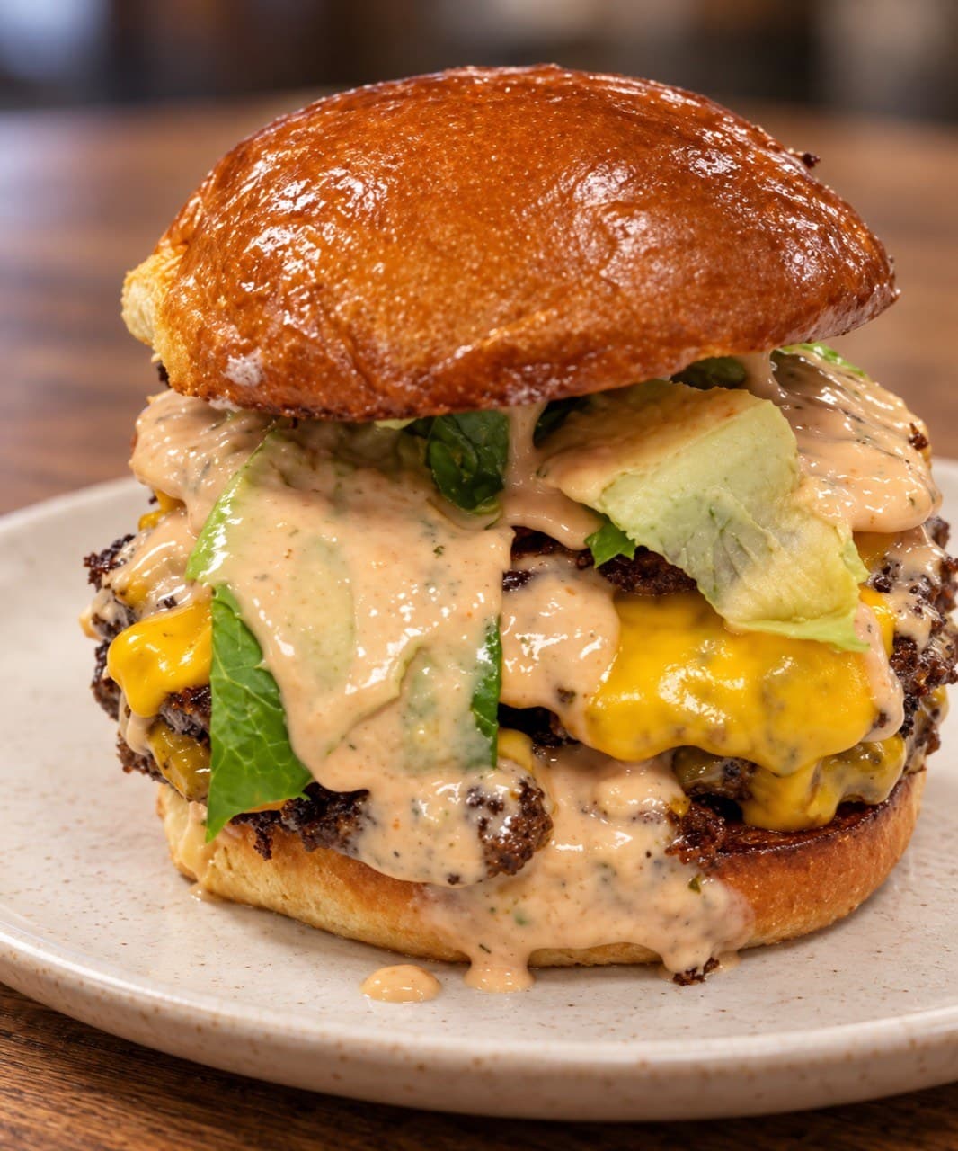 Epic burger sauce over a double cheeseburger with lettuce and avocado on a ceramic plate.