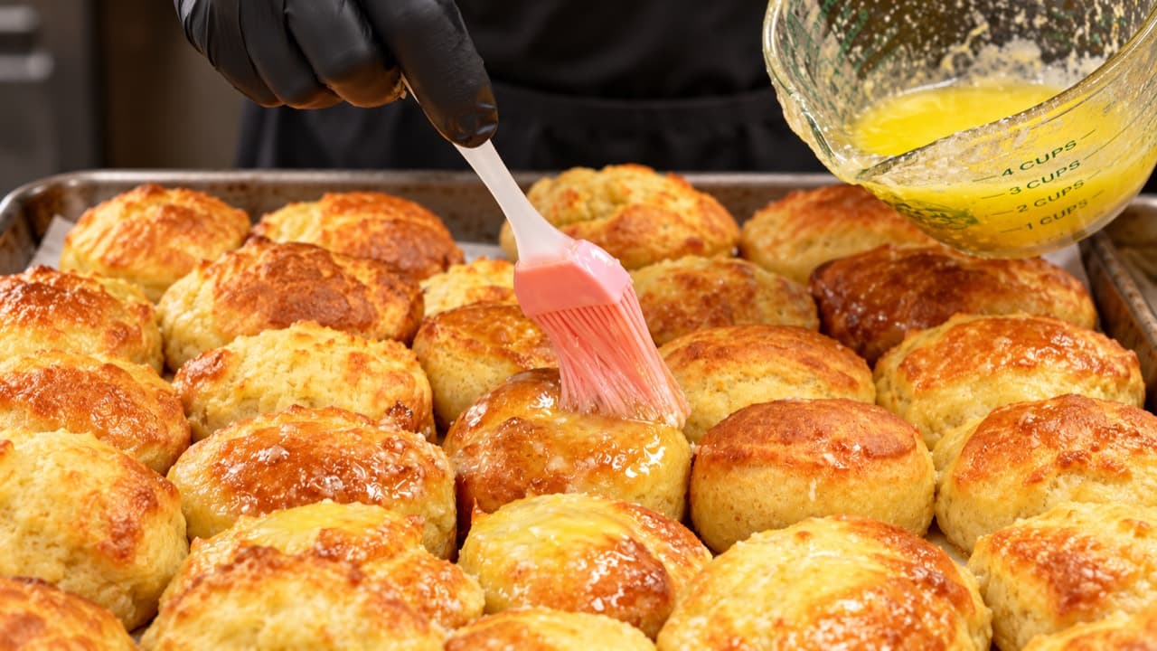 Golden garlic bread bites on a sheet pan being brushed with melted garlic butter.