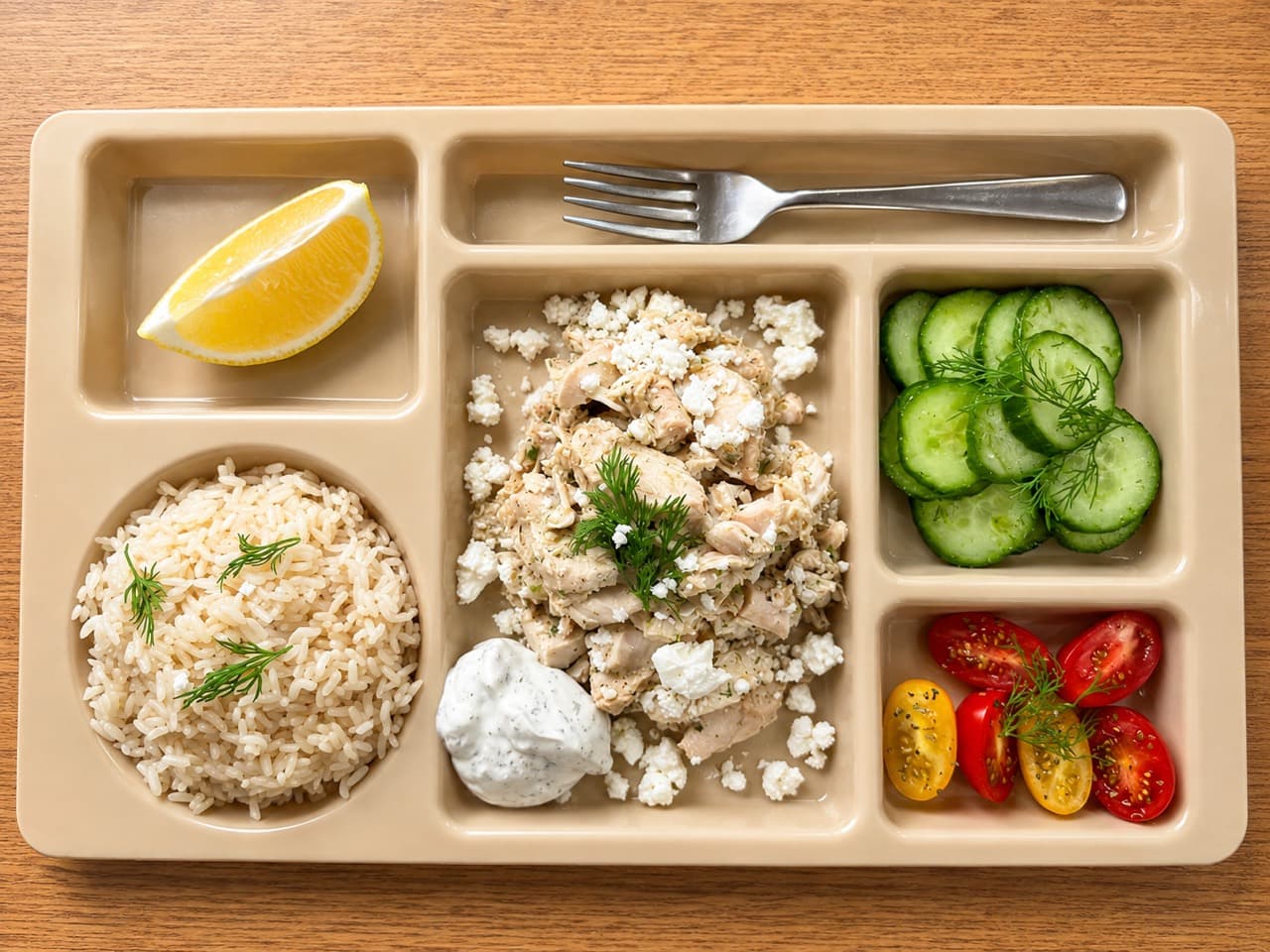 Greek chicken with feta and dill, rice, cucumbers and tomatoes on a lunch tray.