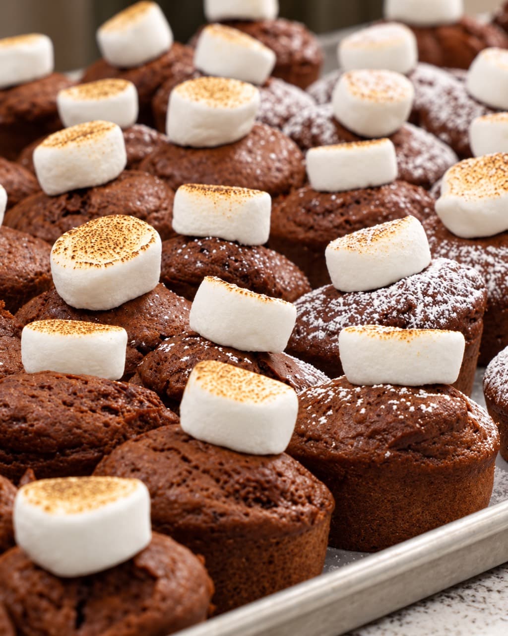 Individual chocolate cakes topped with toasted marshmallow halves, with powdered sugar dusted across several cakes on a baking sheet.