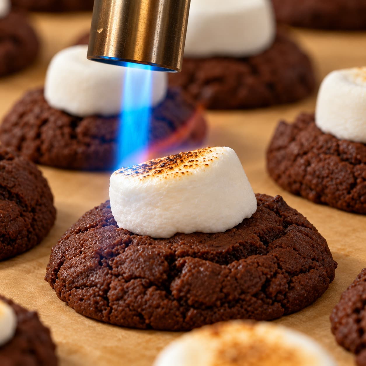A kitchen torch browning a marshmallow half on a large chocolate cookie, with more marshmallow-topped cookies behind it.