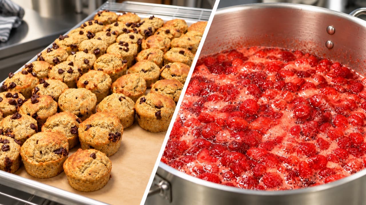 Chocolate chip pancake muffins on a sheet pan beside strawberries simmering in a pot for jam.