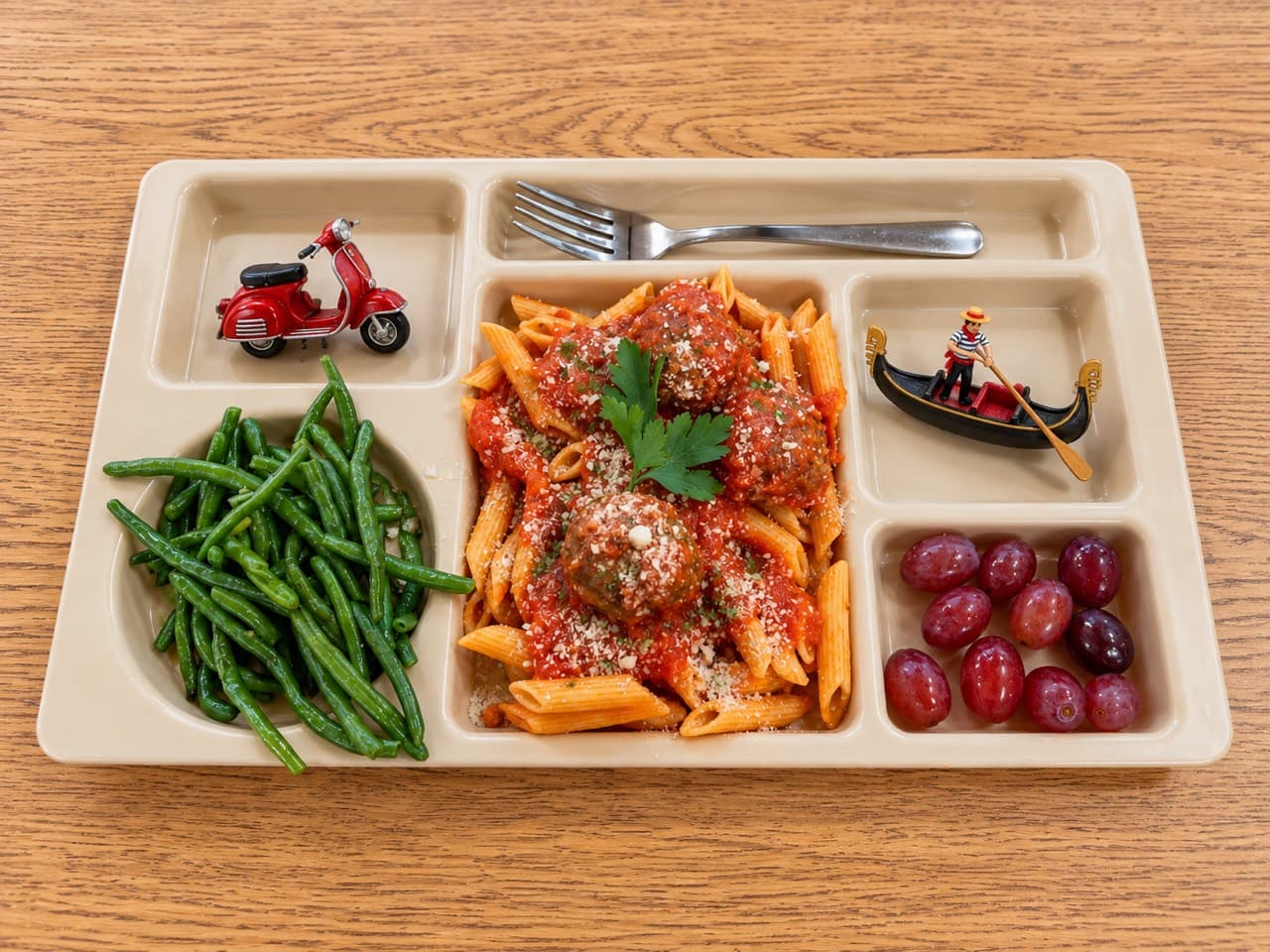Penne and meatballs with red garden marinara, grated Parmesan and parsley on a lunch tray beside green beans and red grapes.