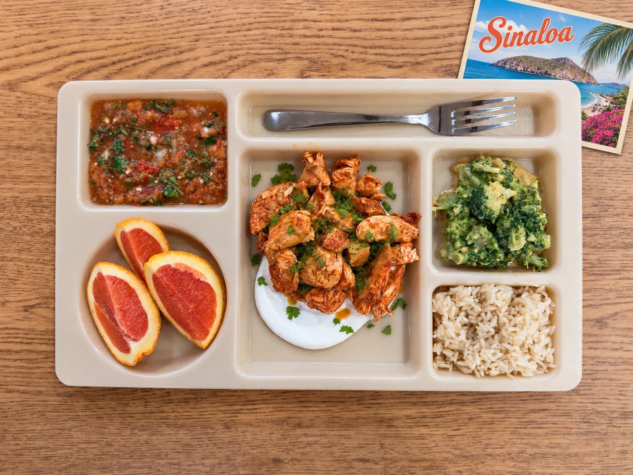 Achiote chicken on a school lunch tray with salsa, broccoli, rice and orange wedges.
