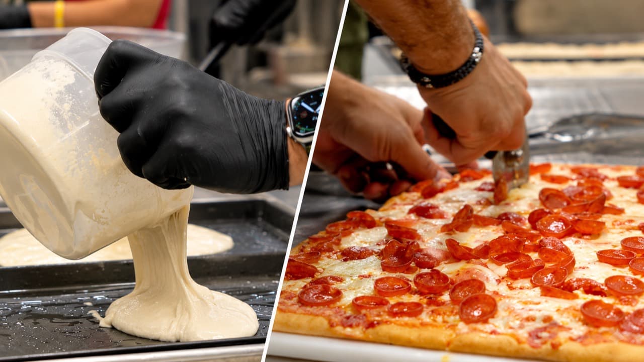 Split image of thick pizza batter being poured into a sheet pan and a finished pepperoni pizza being sliced.