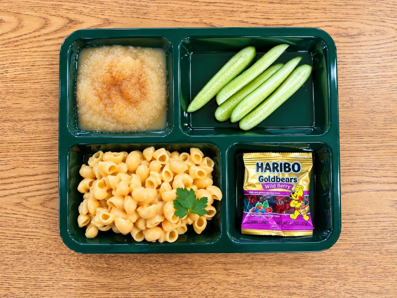 Creamy mac and cheese on a green school lunch tray beside cucumber wedges, applesauce and a packet of gummy bears.