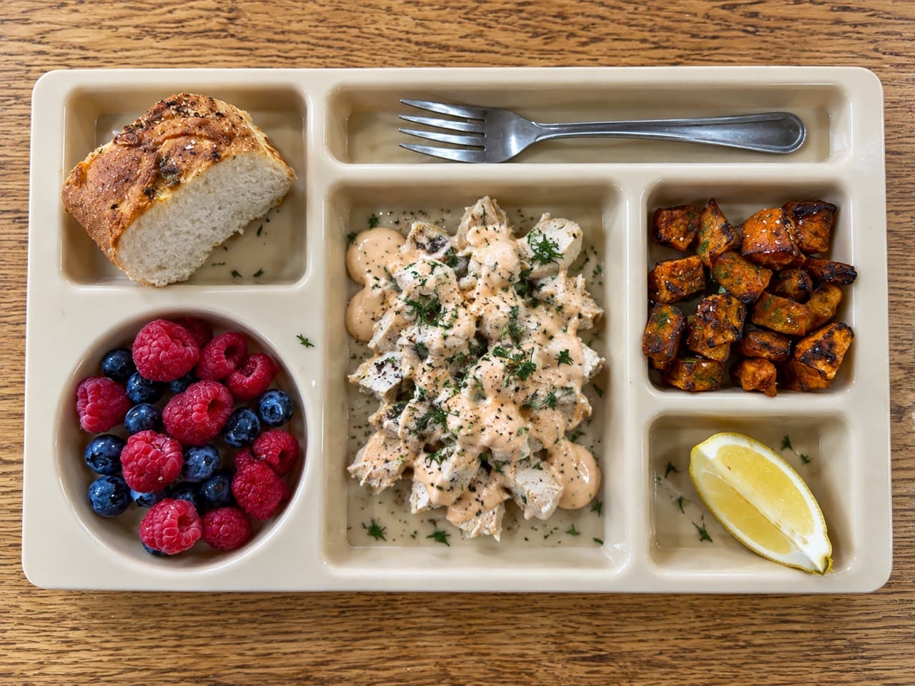 Chopped ranch chicken with a creamy sauce and fresh herbs on a school lunch tray.