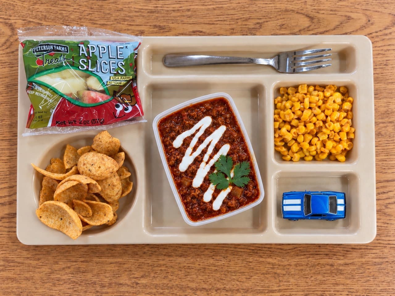 A bowl of red beef chili with a white sauce drizzle and cilantro on a lunch tray beside corn, corn chips, apple slices and a blue toy car.