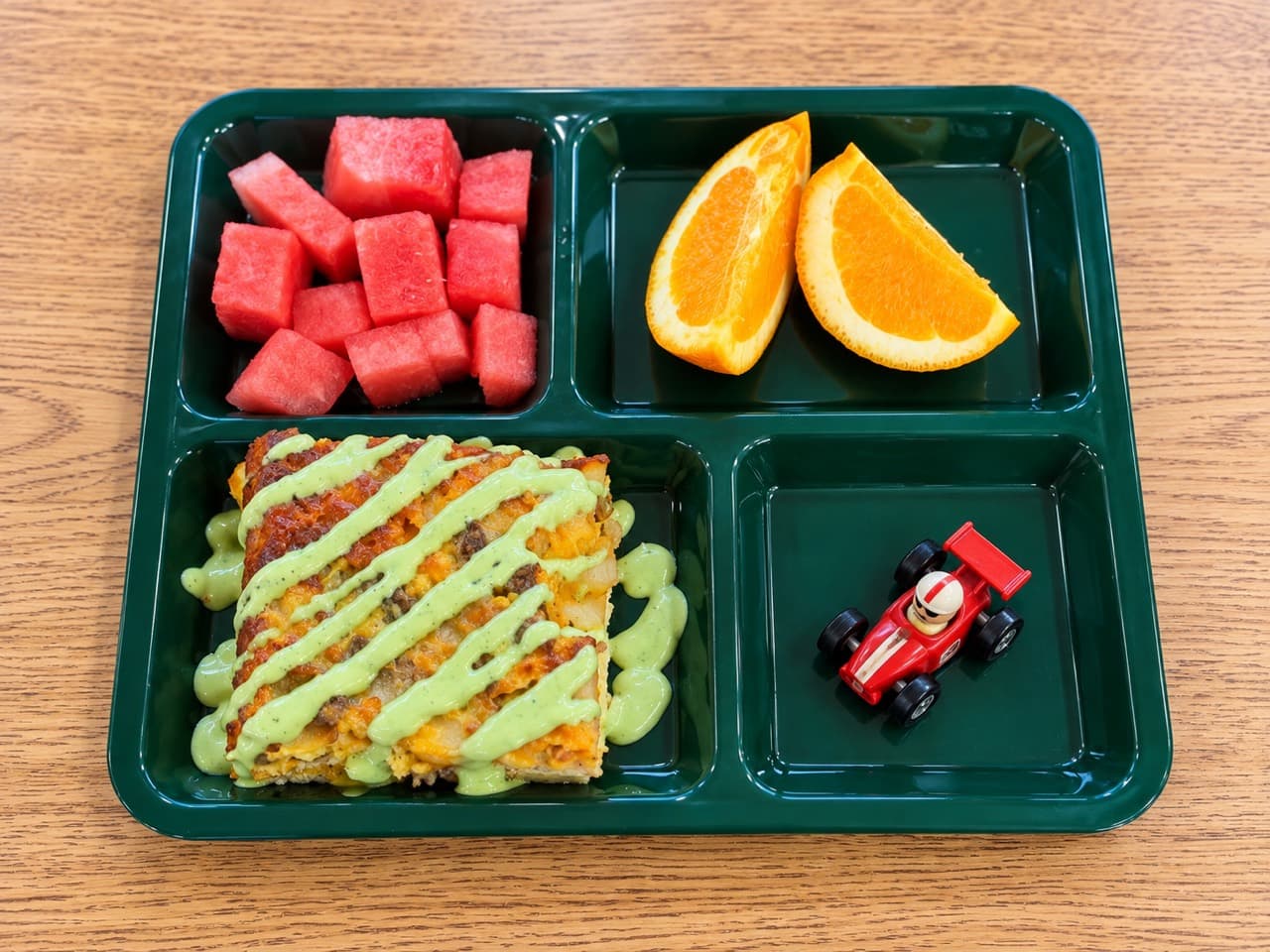 A square of golden sausage, egg, cheese and potato casserole with green Cali sauce on a tray beside watermelon, orange wedges and a red toy race car.