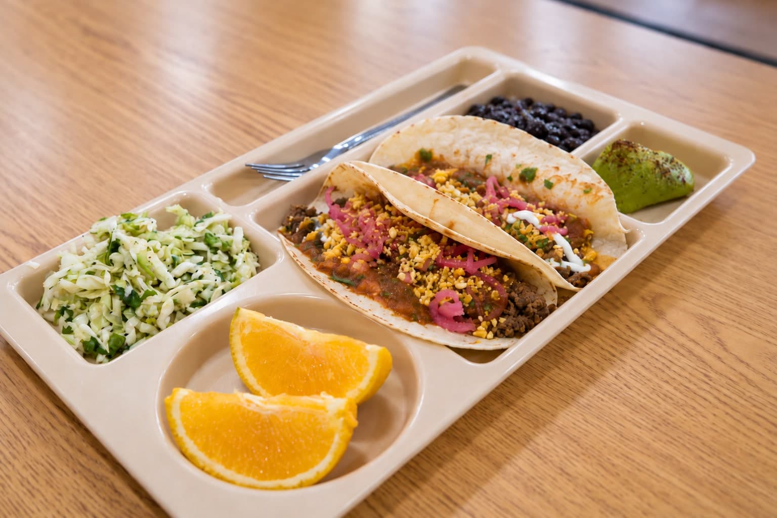 Wagyu beef tacos with pickled onions, crema and crushed corn nuts, with slaw and black beans on a lunch tray.
