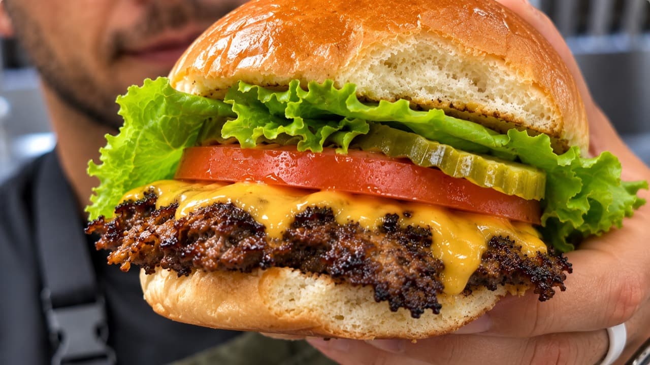 Close-up of a Wagyu smash burger with crisp browned edges, melted cheese, lettuce, tomato and pickles on a toasted bun.