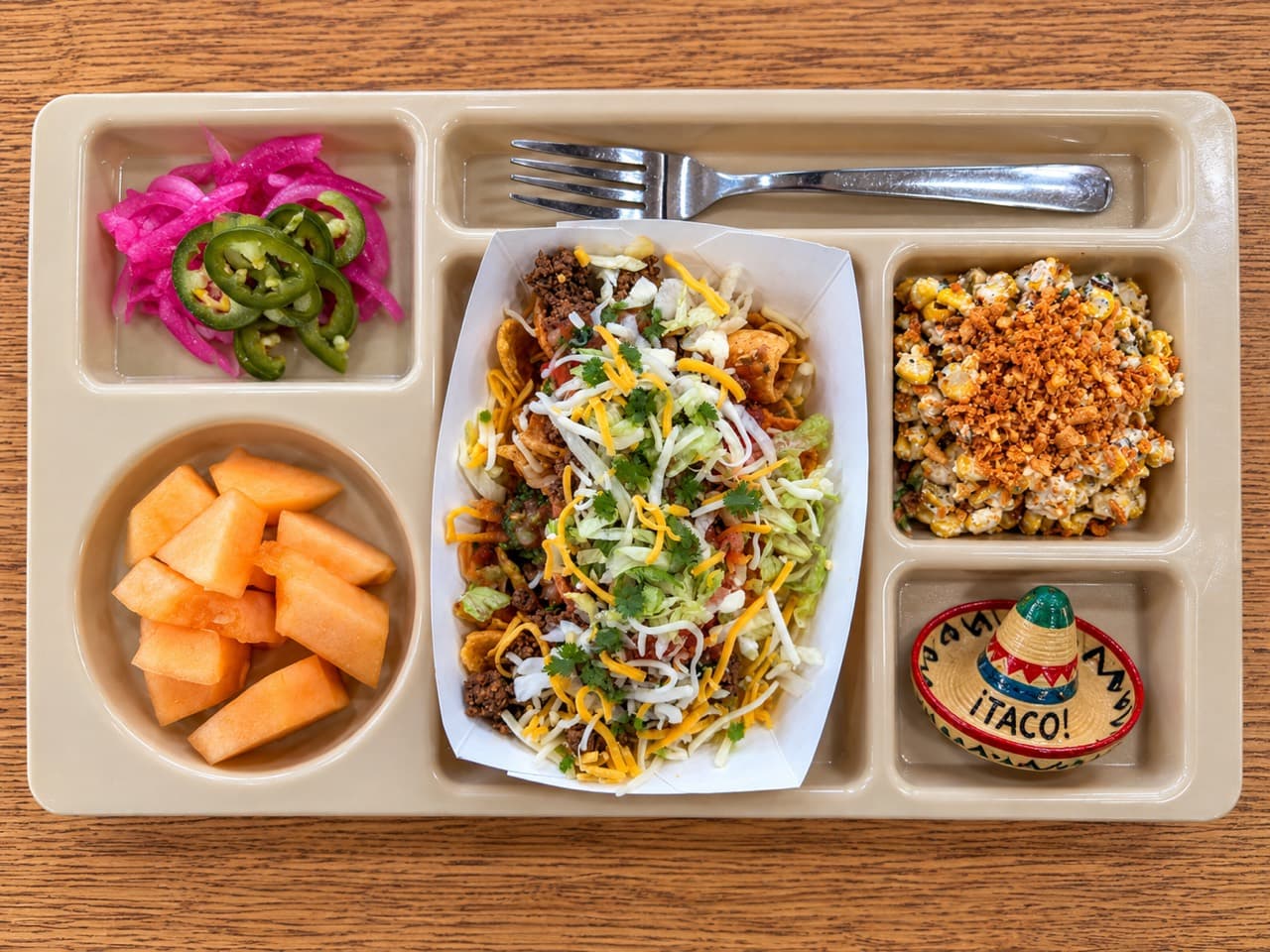 Walking tacos topped with cheese, lettuce and cilantro, beside elote corn salad with crushed chile-lime chips, melon and pickled vegetables.